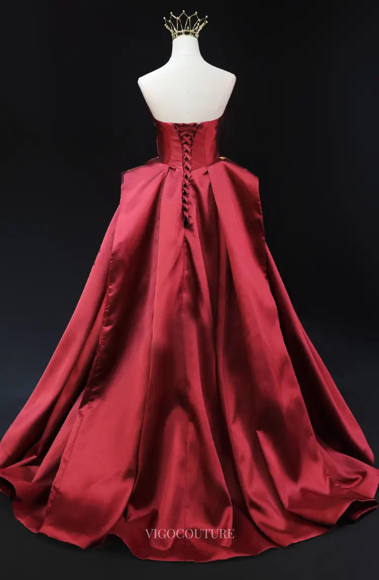 Prom Dresses 2025 to impress Red Satin Prom Dresses with Overskirt, Strapless Formal Dresses SU064-vigocouture-vigocouture