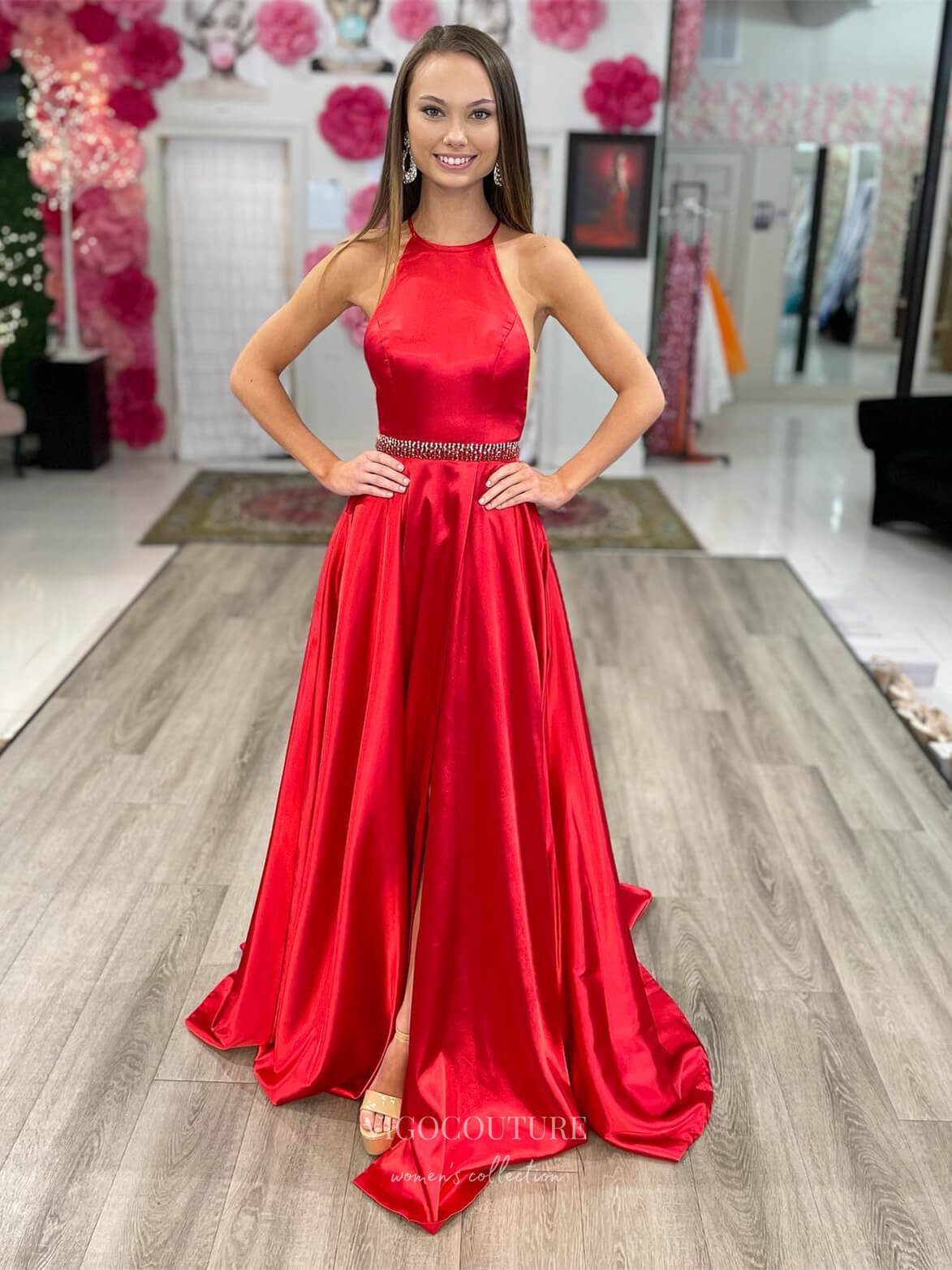 Red Satin Removable Cape Prom Dresses with Slit Halter Neck Beaded Waist 24143 Red / US2 Red Satin Removable Cape Prom Dresses with Slit Halter Neck Beaded Waist 24143 Red / US2