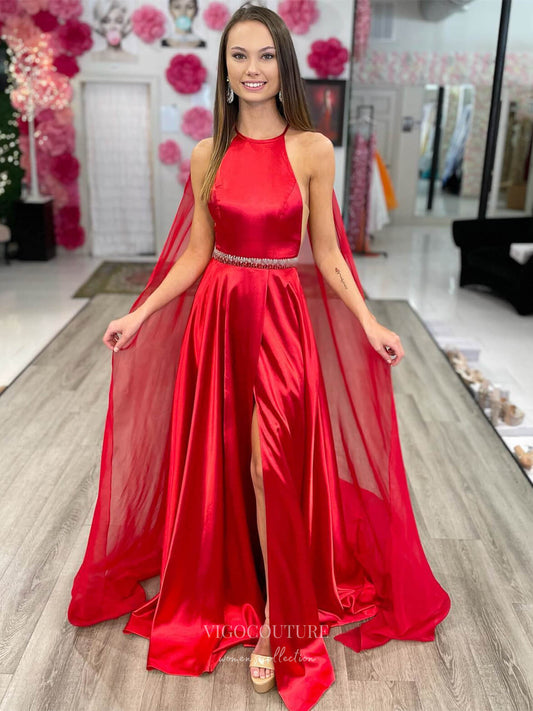 Prom Dress 2025 Red Satin Removable Cape Prom Dresses with Slit Halter Neck Beaded Waist 24143-unique elegant Prom Dresses-Red-Custom Size-vigocouture