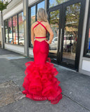 Prom Dress 2025 Red Satin Tiered Ruffled Cheap Prom Dresses 2024 Mermaid Halter Neck 24359-unique elegant Prom Dresses-Red-Custom Size-vigocouture