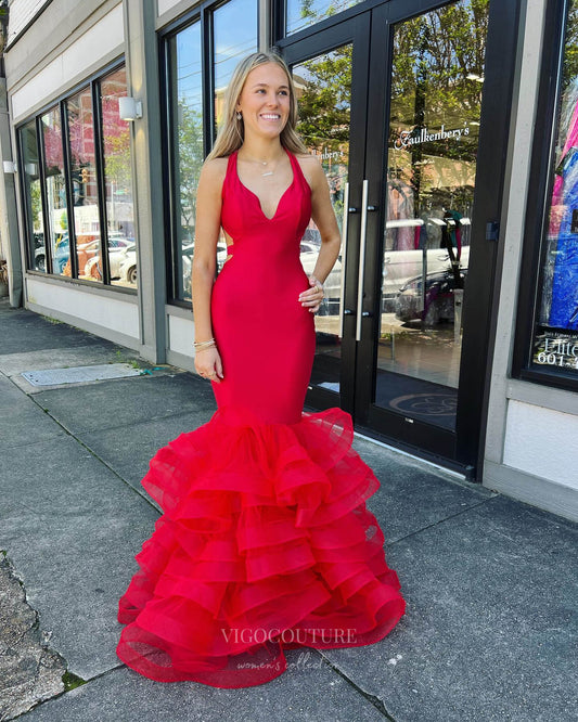 Prom Dress 2025 Red Satin Tiered Ruffled Cheap Prom Dresses 2024 Mermaid Halter Neck 24359-unique elegant Prom Dresses-Red-Custom Size-vigocouture