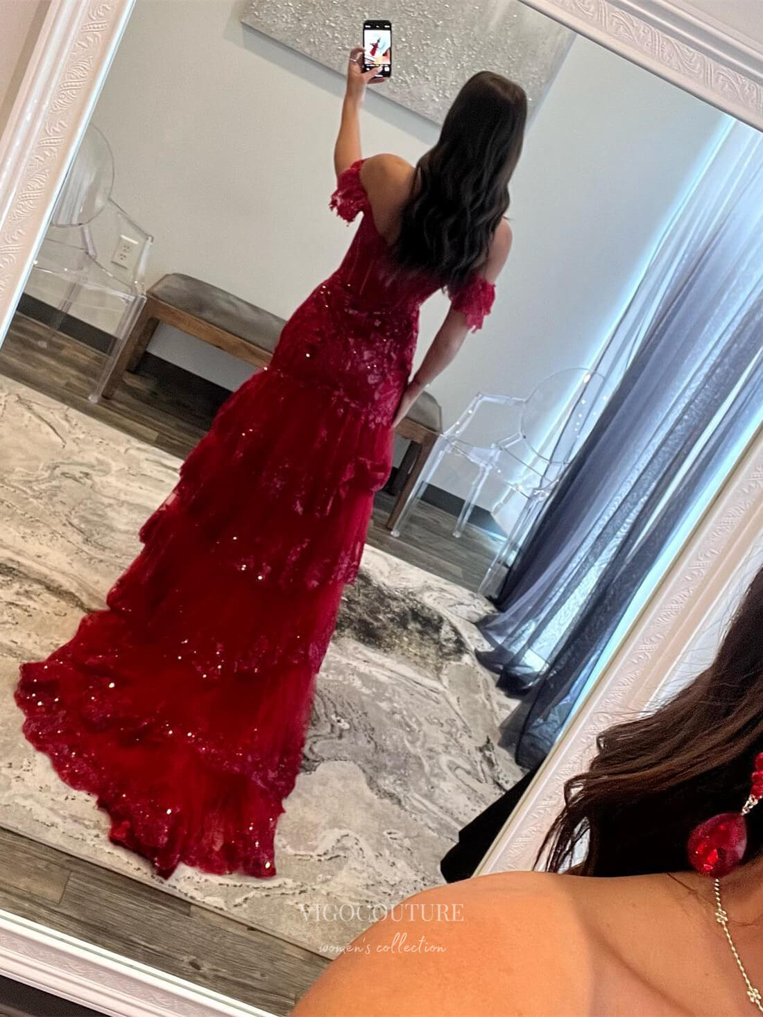 Prom Dress 2025 Red Sequin Lace Prom Dresses with Slit Ruffled Off the Shoulder Evening Dress 24054-unique elegant Prom Dresses-Red-Custom Size-vigocouture