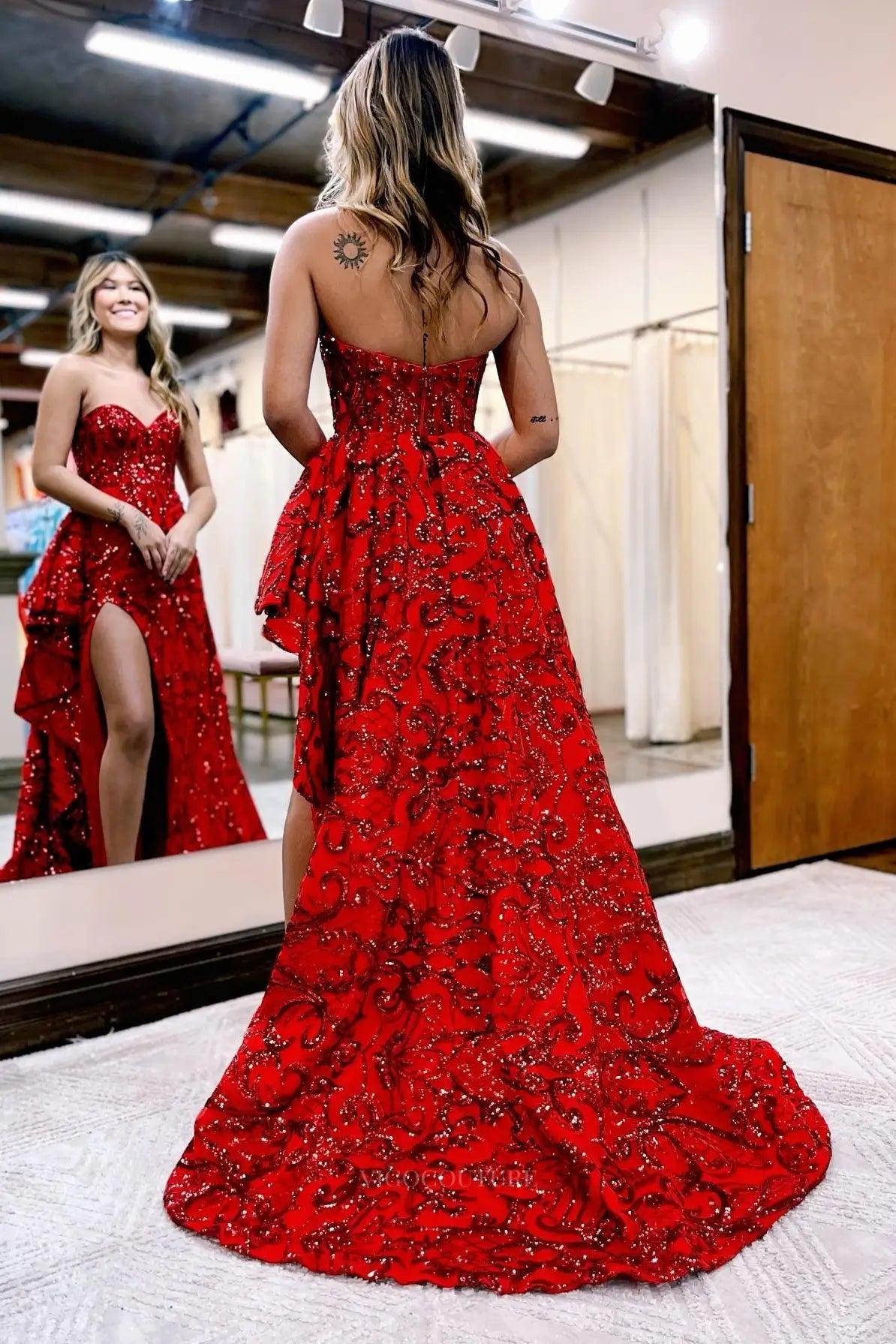 Prom Dresses 2025 to impress Red Sequin Lace Prom Dress with Sweetheart Neck, High Slit & Side Overskirt – 26115-vigocouture-vigocouture