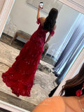 Prom Dress 2025 Red Sequin Lace Prom Dresses with Slit Ruffled Off the Shoulder Evening Dress 24054-unique elegant Prom Dresses-Red-Custom Size-vigocouture