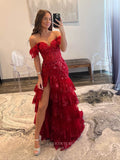 Prom Dress 2025 Red Sequin Lace Prom Dresses with Slit Ruffled Off the Shoulder Evening Dress 24054-unique elegant Prom Dresses-Red-Custom Size-vigocouture