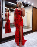 Red Sequin Mermaid Prom Dresses with Slit One Shoulder Evening Dress 20842