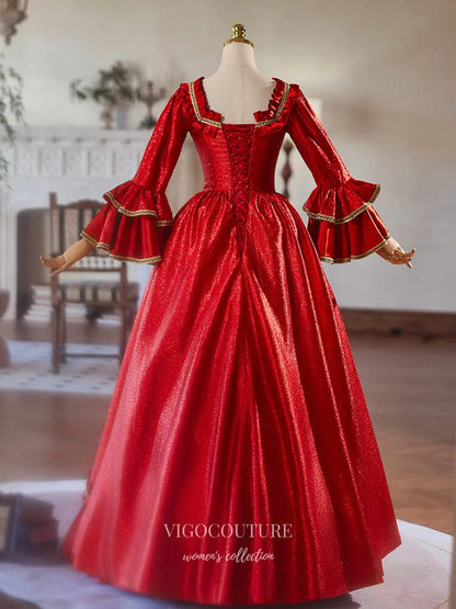 Prom Dress 2025 Red Shimmering Ruffled Tiered Vintage Quinceaneras Dress Long Puffed Sleeve Princes Dresses 25048-unique elegant Prom Dresses-Red-Custom Size-vigocouture