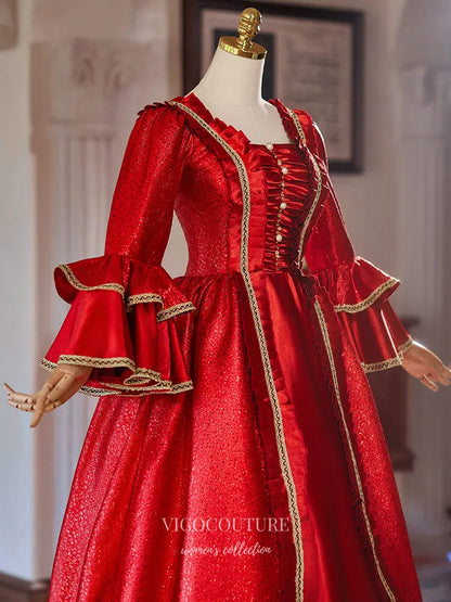 Prom Dress 2025 Red Shimmering Ruffled Tiered Vintage Quinceaneras Dress Long Puffed Sleeve Princes Dresses 25048-unique elegant Prom Dresses-Red-Custom Size-vigocouture