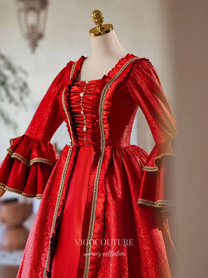 Prom Dress 2025 Red Shimmering Ruffled Tiered Vintage Quinceaneras Dress Long Puffed Sleeve Princes Dresses 25048-unique elegant Prom Dresses-Red-Custom Size-vigocouture