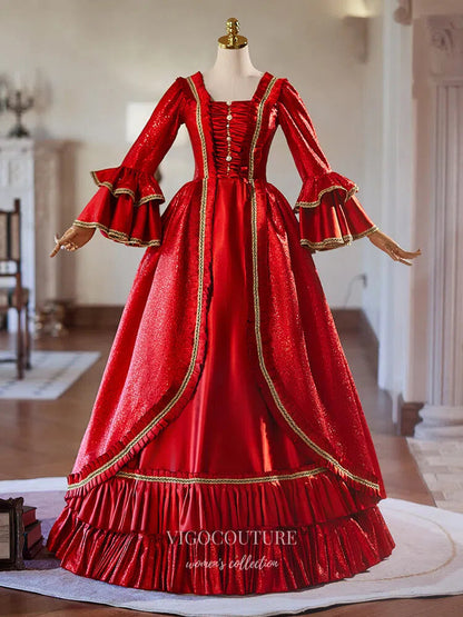 Prom Dress 2025 Red Shimmering Ruffled Tiered Vintage Quinceaneras Dress Long Puffed Sleeve Princes Dresses 25048-unique elegant Prom Dresses-Red-Custom Size-vigocouture