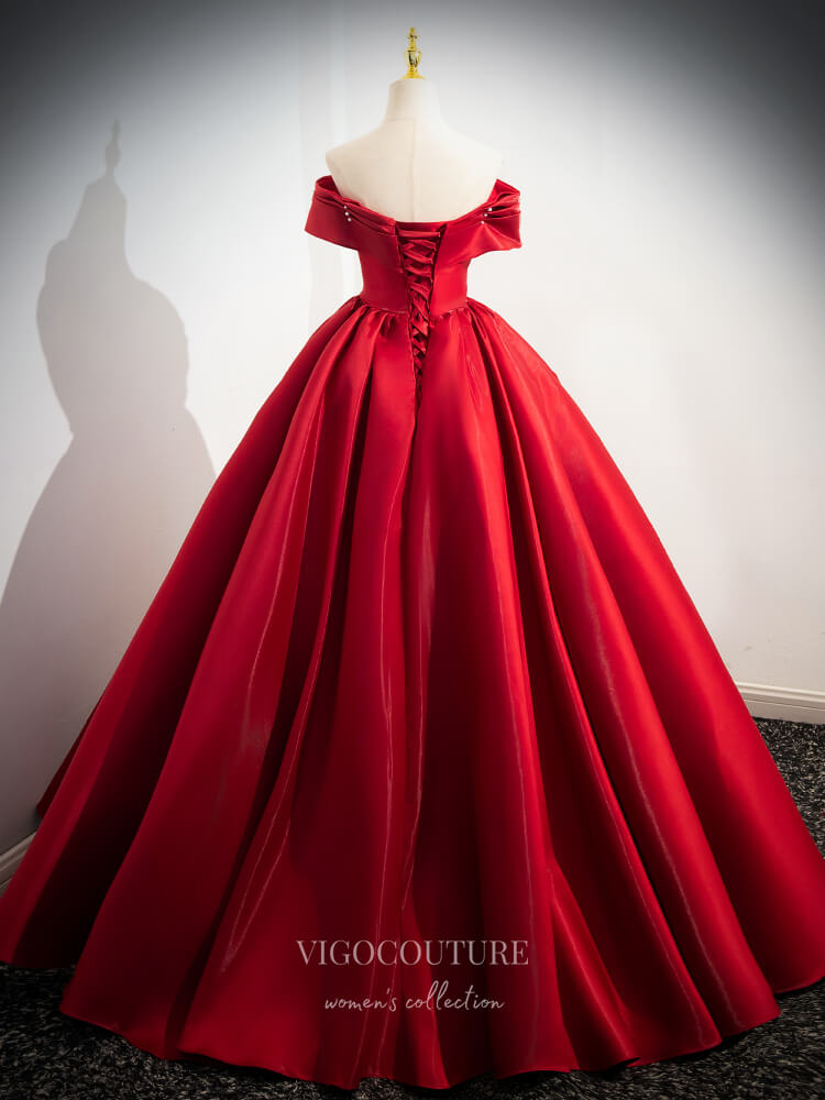 Red Shiny Satin Cheap Prom Dresses Pearl Off the Shoulder Formal Gown vigocouture Red Shiny Satin Cheap Prom Dresses Pearl Off the Shoulder Formal Gown vigocouture