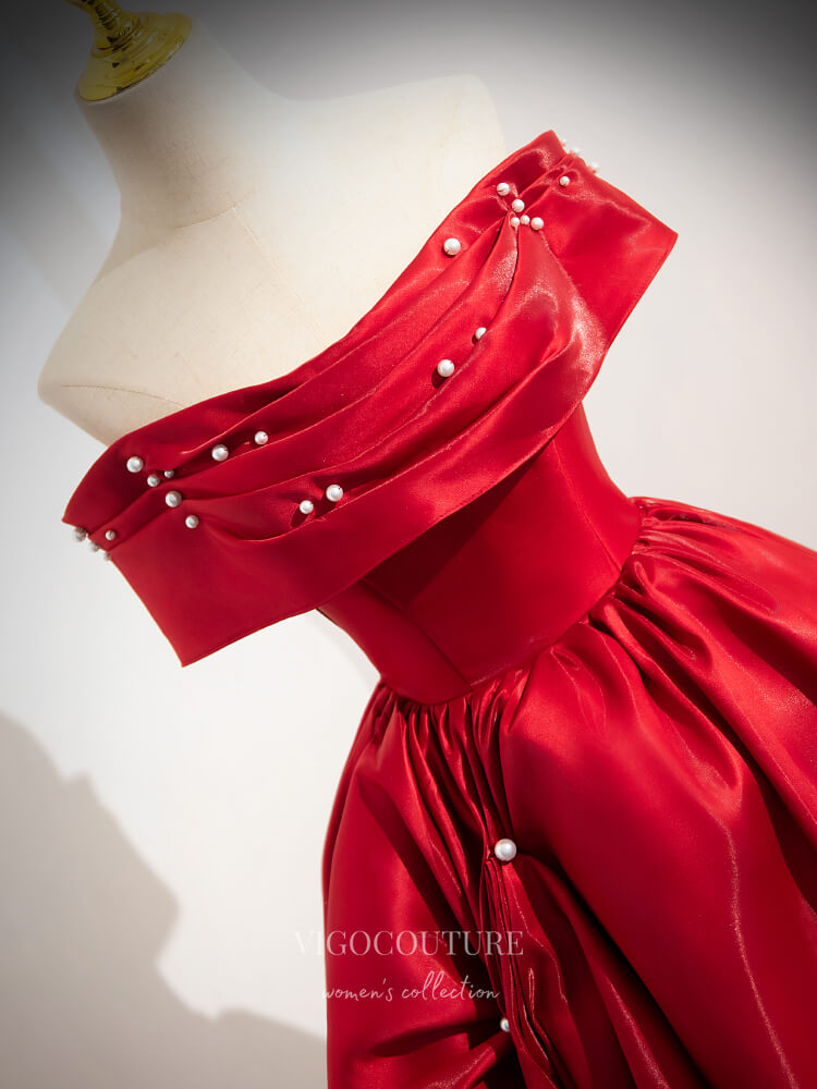 Red Shiny Satin Cheap Prom Dresses Pearl Off the Shoulder Formal Gown vigocouture Red Shiny Satin Cheap Prom Dresses Pearl Off the Shoulder Formal Gown vigocouture