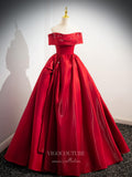 Prom Dress 2025 Red Shiny Satin Cheap Prom Dresses Pearl Off the Shoulder Formal Gown 24376-unique elegant Prom Dresses-Red-Custom Size-vigocouture