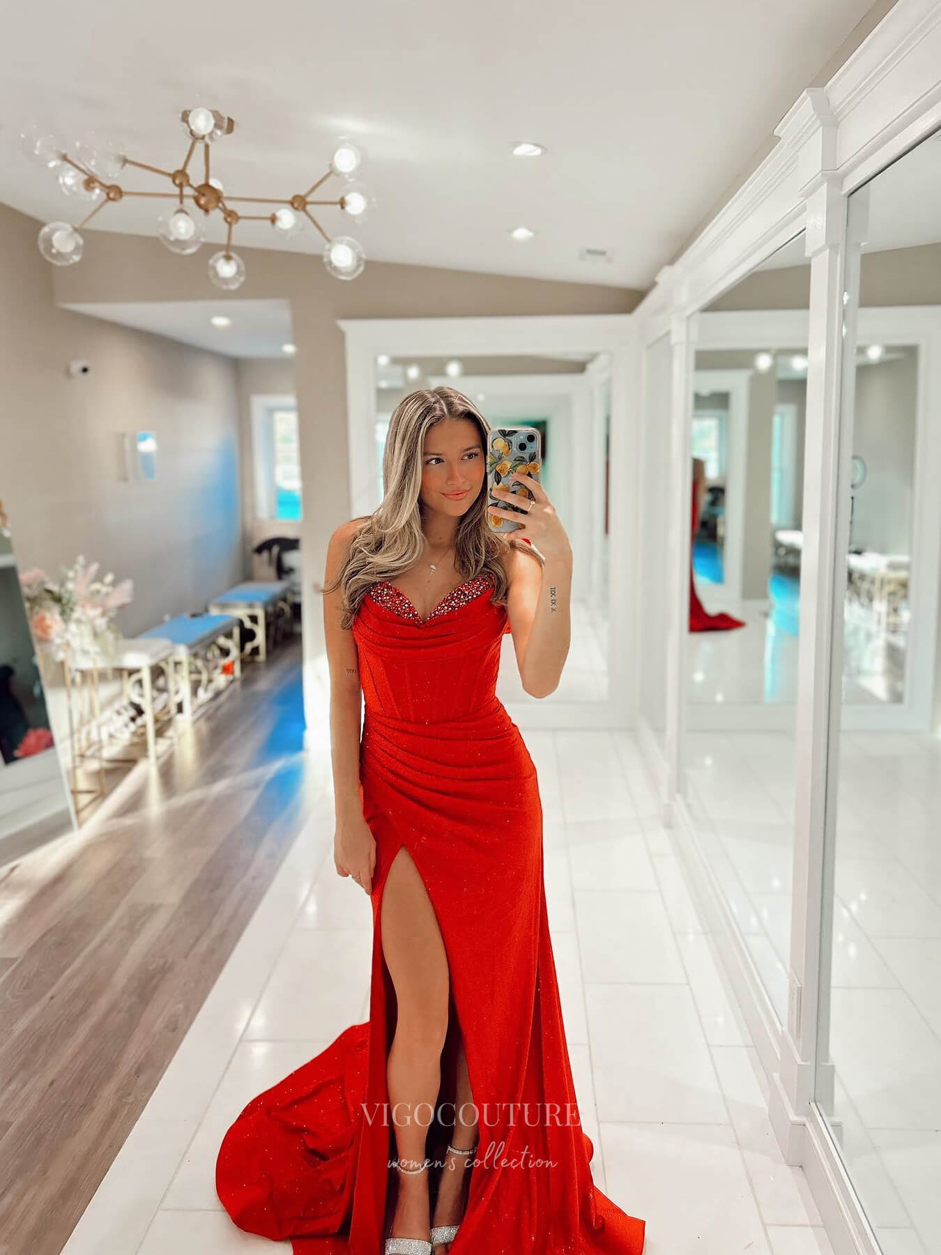 Prom Dress 2025 Red Shiny Satin Mermaid Prom Dresses with Slit Beaded Spaghetti Strap Boned Bodice 24096-unique elegant Prom Dresses-Red-Custom Size-vigocouture