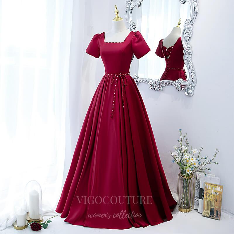 Prom Dress 2025 Red Short Sleeve Prom Dress 2022 Suqare Neck Formal Dress 20498-unique elegant Prom Dresses-Red-US2-vigocouture