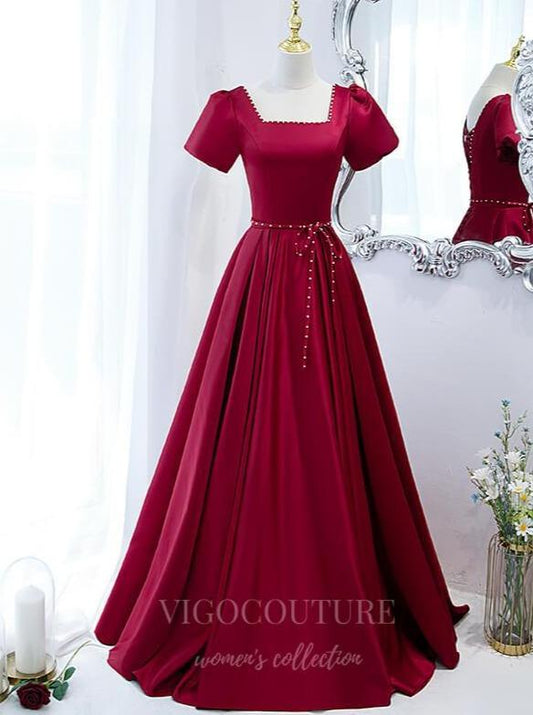 Prom Dress 2025 Red Short Sleeve Prom Dress 2022 Suqare Neck Formal Dress 20498-unique elegant Prom Dresses-Red-US2-vigocouture