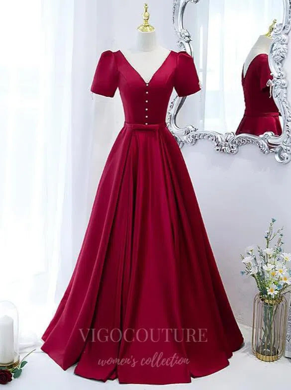 Prom Dress 2025 Red Short Sleeve Prom Dress 2022 V-Neck Formal Dress 20499-unique elegant Prom Dresses-Red-US2-vigocouture