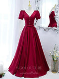 Prom Dress 2025 Red Short Sleeve Prom Dress 2022 V-Neck Formal Dress 20499-unique elegant Prom Dresses-Red-US2-vigocouture