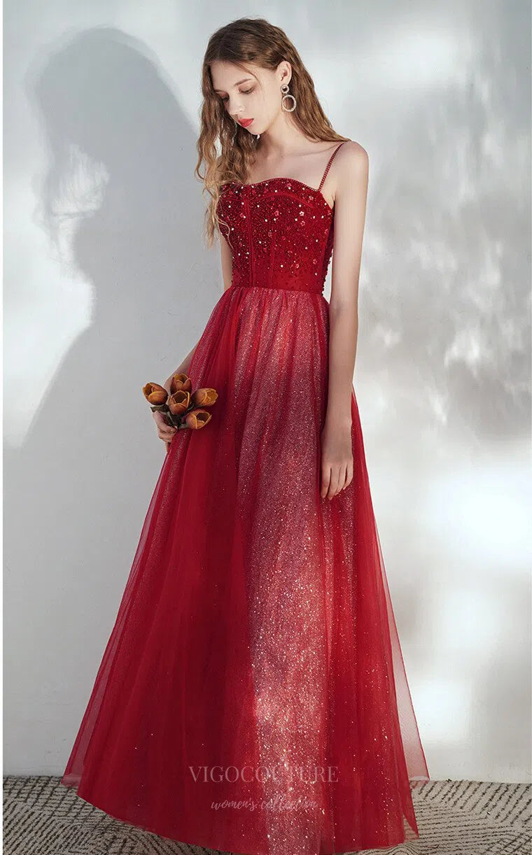 Prom Dress 2025 Red Spaghetti Strap Beaded Prom Dress 20708-unique elegant Prom Dresses-Red-US2-vigocouture