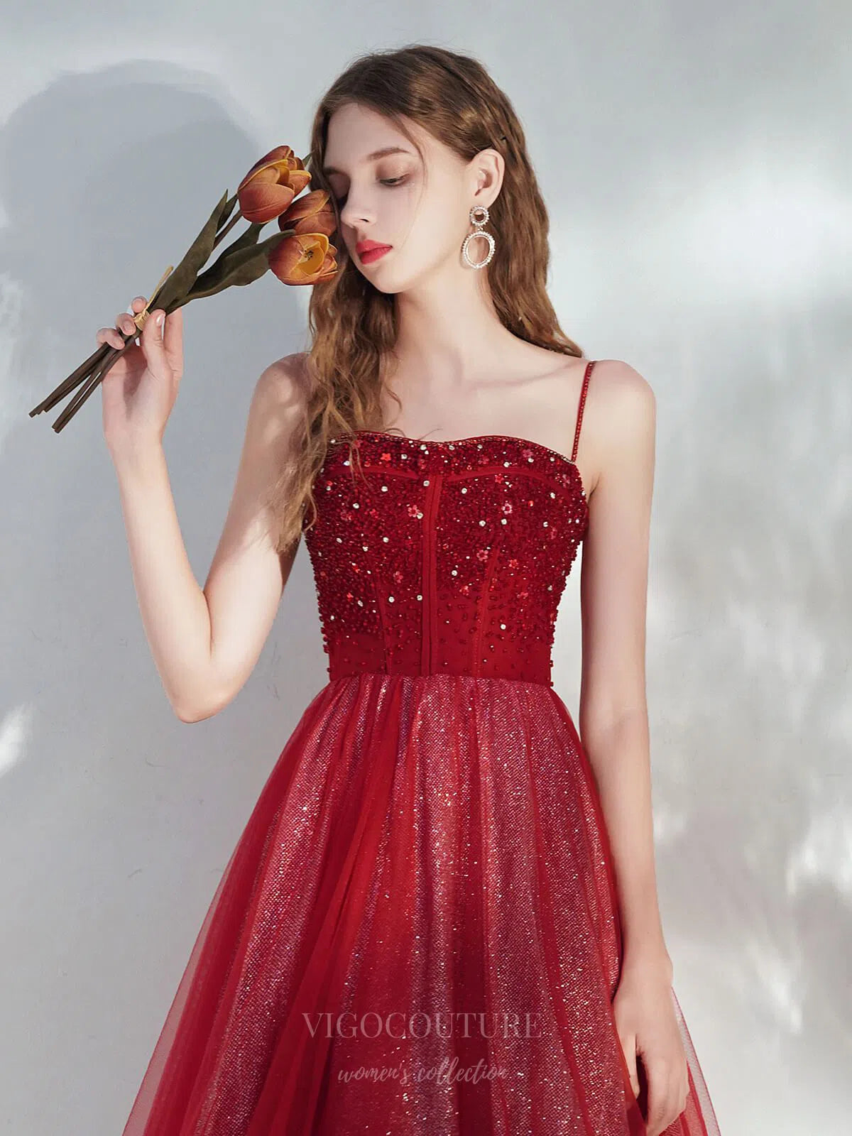 Prom Dress 2025 Red Spaghetti Strap Beaded Prom Dress 20708-unique elegant Prom Dresses-Red-US2-vigocouture