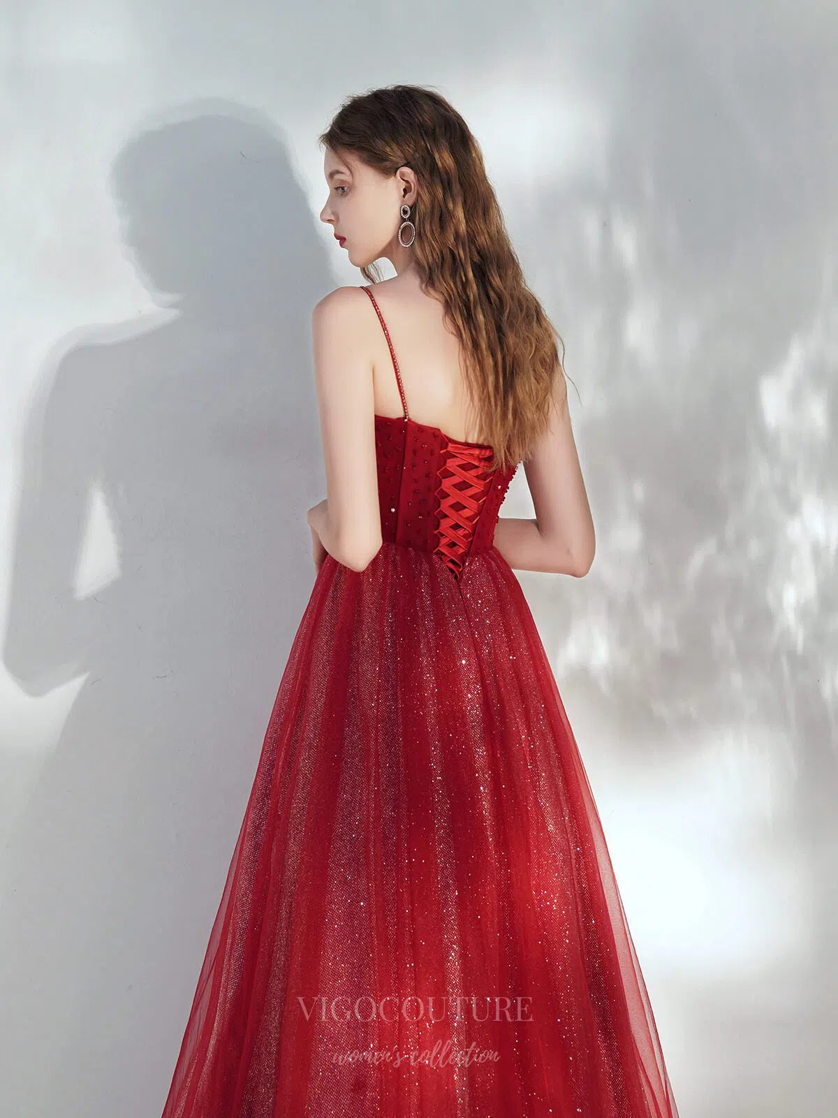 Prom Dress 2025 Red Spaghetti Strap Beaded Prom Dress 20708-unique elegant Prom Dresses-Red-US2-vigocouture