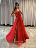 Prom Dress 2025 Red Spaghetti Strap Prom Dresses With Slit Lace Applique Evening Dress 21755-unique elegant Prom Dresses-Red-US2-vigocouture