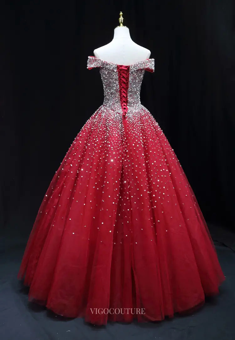 Prom Dresses 2025 to impress Red Sparkly Beaded Prom Dresses Off the Shoulder Quinceanera Dresses SU050-vigocouture-vigocouture