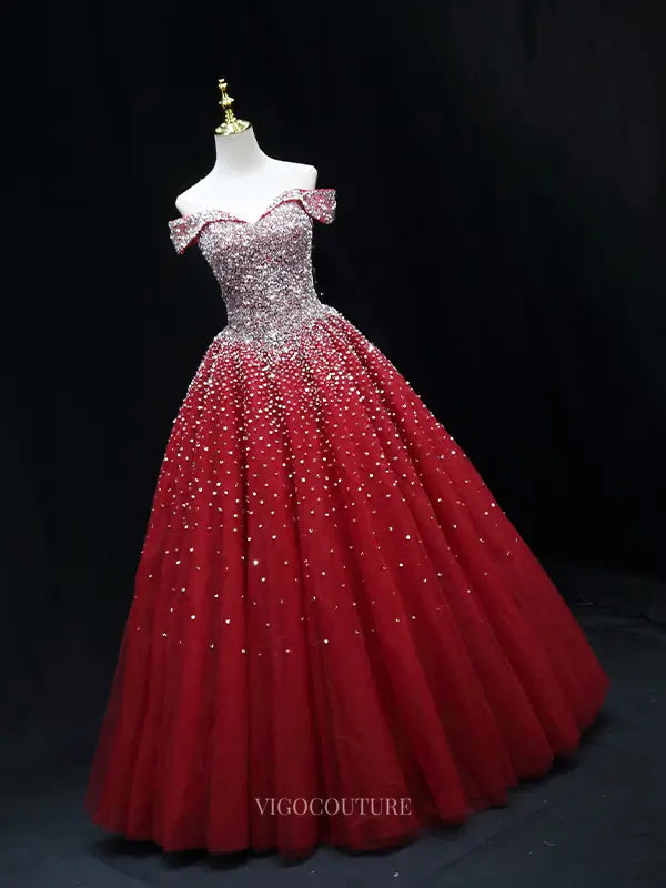 Prom Dresses 2025 to impress Red Sparkly Beaded Prom Dresses Off the Shoulder Quinceanera Dresses SU050-vigocouture-vigocouture