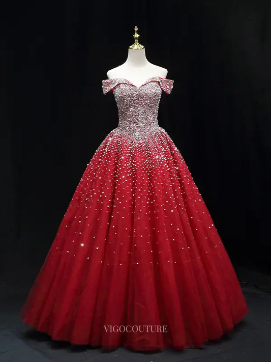 Prom Dresses 2025 to impress Red Sparkly Beaded Prom Dresses Off the Shoulder Quinceanera Dresses SU050-vigocouture-Red-Custom Size-vigocouture