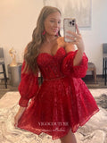 Short Prom Dresses 2025 Red Sparkly Lace Homecoming Dress with Sequin Bodice and Removable Sleeves - Sweetheart Neck Hoco Dress hc186-Prom Dresses-vigocouture-vigocouture