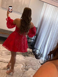 Short Prom Dresses 2025 Red Sparkly Lace Homecoming Dress with Sequin Bodice and Removable Sleeves - Sweetheart Neck Hoco Dress hc186-Prom Dresses-vigocouture-vigocouture