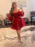 Short Prom Dresses 2025 Red Sparkly Lace Homecoming Dress with Sequin Bodice and Removable Sleeves - Sweetheart Neck Hoco Dress hc186-Prom Dresses-vigocouture-vigocouture