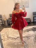 Short Prom Dresses 2025 Red Sparkly Lace Homecoming Dress with Sequin Bodice and Removable Sleeves - Sweetheart Neck Hoco Dress hc186-Prom Dresses-vigocouture-Red-US0-vigocouture