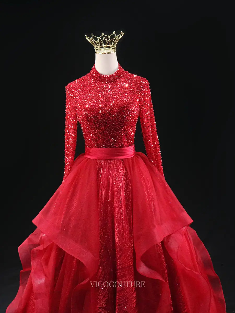 Prom Dresses 2025 to impress Red Sparkly Prom Dresses with Ruffled Overskirt, Long Sleeve, Sequin Pageant Dresses SU036-vigocouture-vigocouture