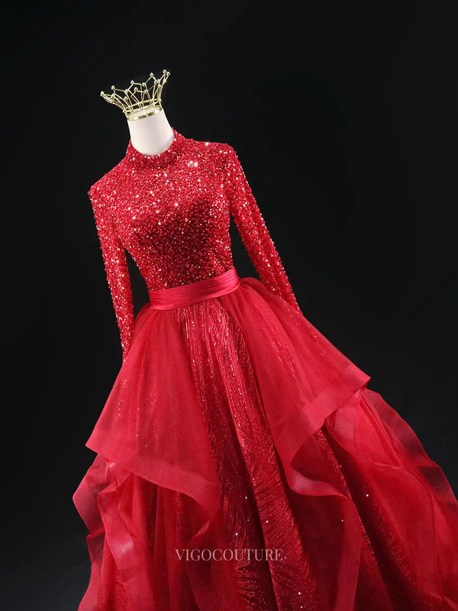 Prom Dresses 2025 to impress Red Sparkly Prom Dresses with Ruffled Overskirt, Long Sleeve, Sequin Pageant Dresses SU036-vigocouture-vigocouture