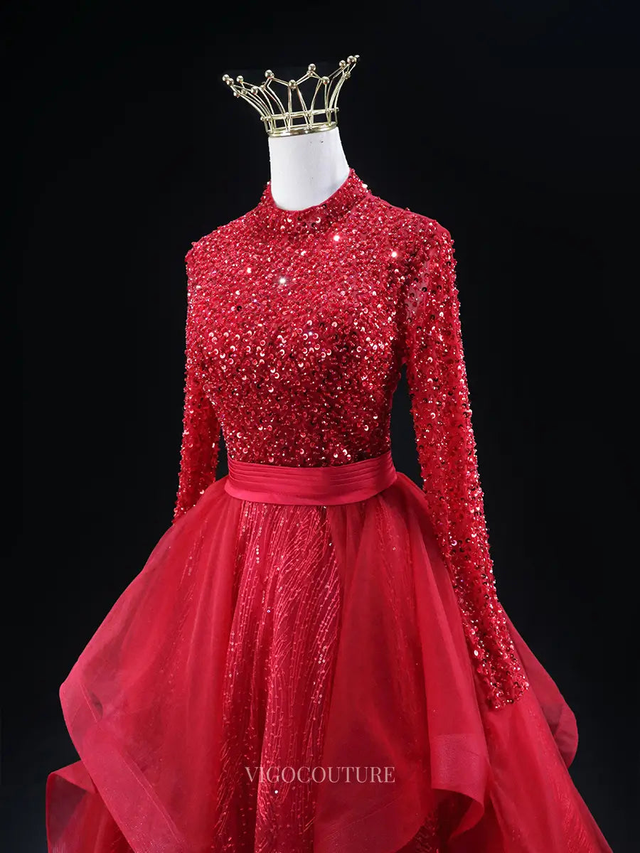 Prom Dresses 2025 to impress Red Sparkly Prom Dresses with Ruffled Overskirt, Long Sleeve, Sequin Pageant Dresses SU036-vigocouture-vigocouture