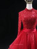 Prom Dresses 2025 to impress Red Sparkly Prom Dresses with Ruffled Overskirt, Long Sleeve, Sequin Pageant Dresses SU036-vigocouture-vigocouture