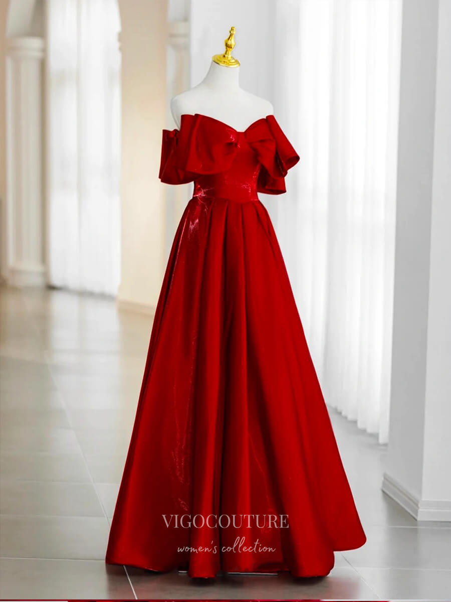 Red Sparkly Satin Prom Dresses Strapless Bow Formal Dresses 21038 vigocouture Red Sparkly Satin Prom Dresses Strapless Bow Formal Dresses 21038 vigocouture