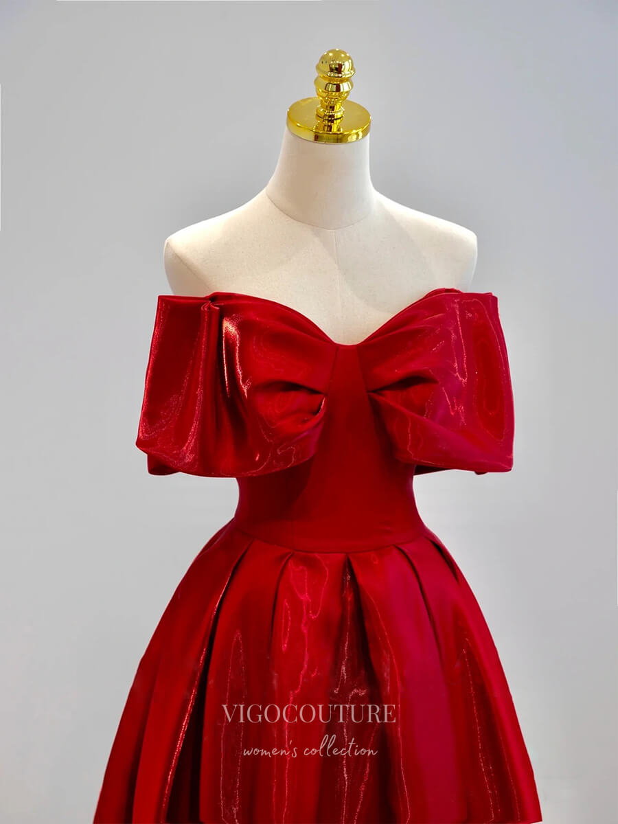 Prom Dress 2025 Red Sparkly Satin Prom Dresses Strapless Bow Formal Dresses 21038-unique elegant Prom Dresses-Red-Custom Size-vigocouture