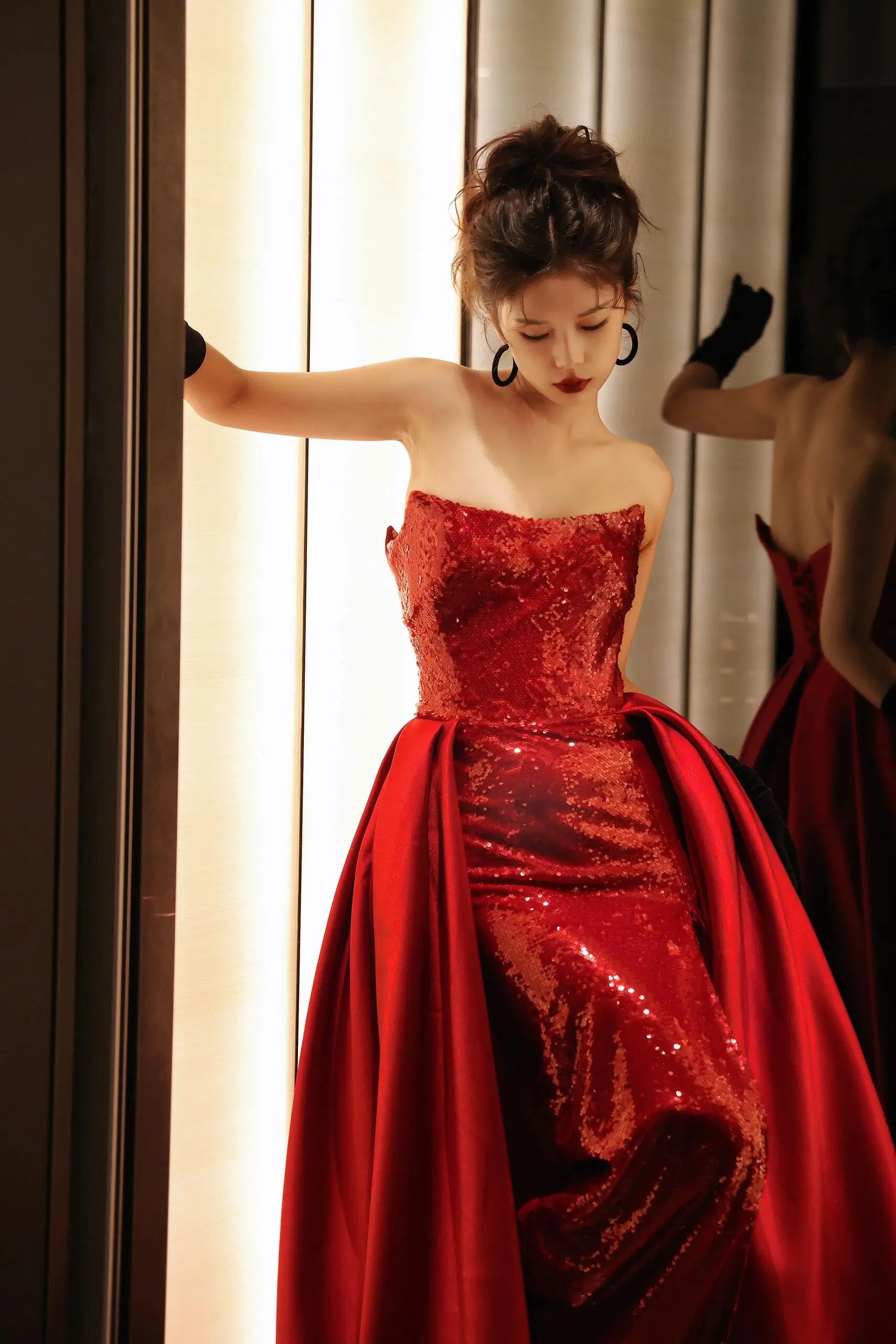Wine Red Sequin Mermaid Evening Dresses with Overskirt, Elegant Strapless Party Dresses US 8 / Custom Color Wine Red Sequin Mermaid Evening Dresses with Overskirt, Elegant Strapless Party Dresses US 8 / Custom Color