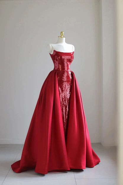 Wine Red Sequin Mermaid Evening Dresses with Overskirt, Elegant Strapless Party Dresses US 8 / Custom Color Wine Red Sequin Mermaid Evening Dresses with Overskirt, Elegant Strapless Party Dresses US 8 / Custom Color