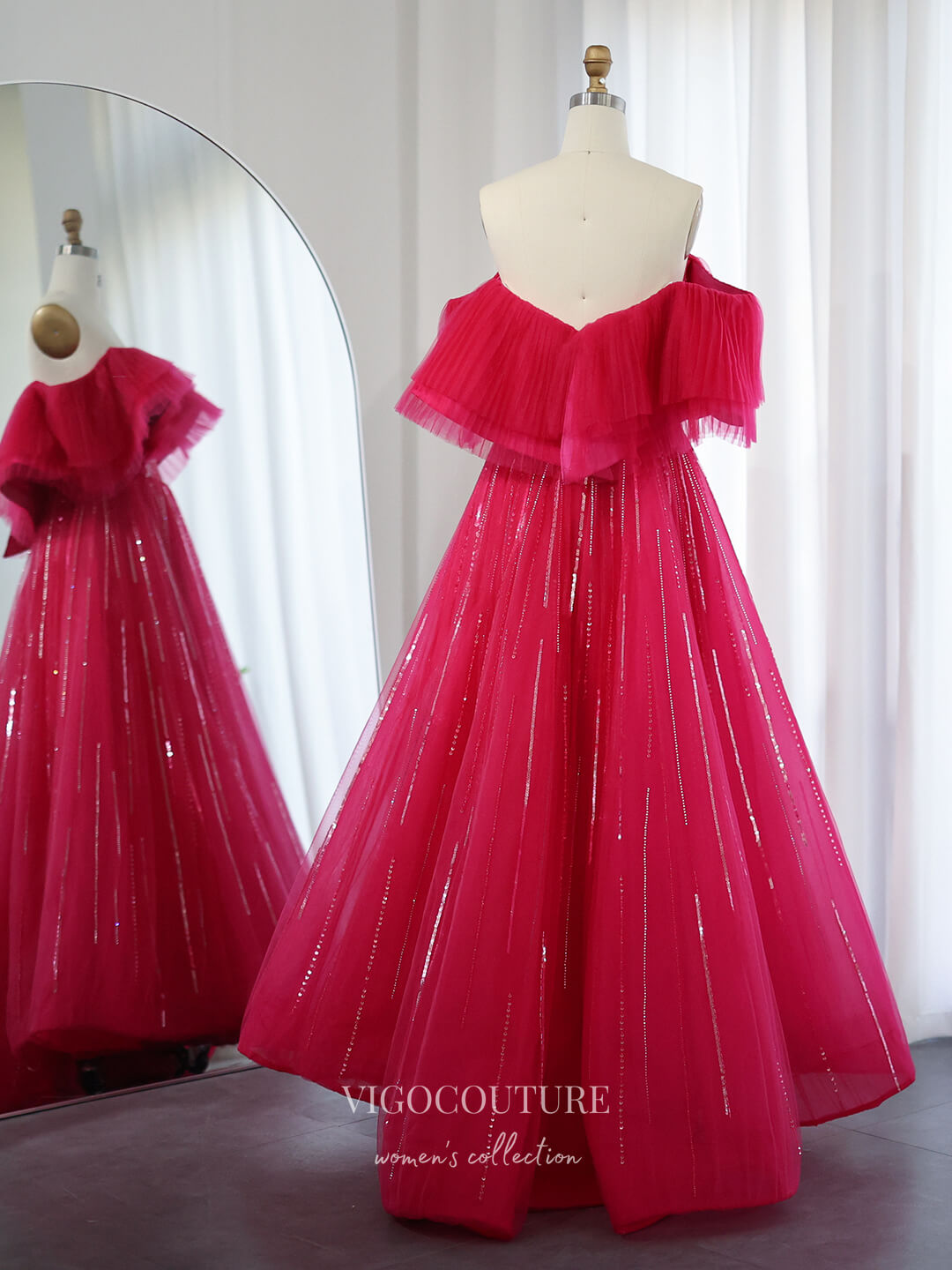 Prom Dress 2025 Red Sparkly Sequin Prom Dresses Off the Shoulder Formal Gown 24446-unique elegant Prom Dresses-Red-US2-vigocouture