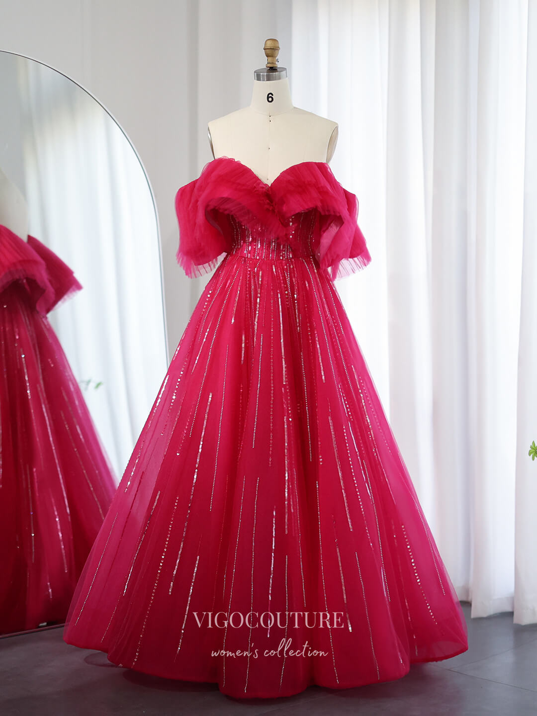 Prom Dress 2025 Red Sparkly Sequin Prom Dresses Off the Shoulder Formal Gown 24446-unique elegant Prom Dresses-Red-US2-vigocouture