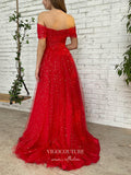 Prom Dress 2025 Red Sparkly Tulle Prom Dresses Off the Shoulder Formal Dresses 21404-unique elegant Prom Dresses-Red-US2-vigocouture