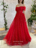 Prom Dress 2025 Red Sparkly Tulle Prom Dresses Off the Shoulder Formal Dresses 21404-unique elegant Prom Dresses-Red-US2-vigocouture