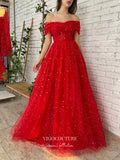 Prom Dress 2025 Red Sparkly Tulle Prom Dresses Off the Shoulder Formal Dresses 21404-unique elegant Prom Dresses-Red-US2-vigocouture