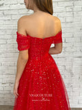 Prom Dress 2025 Red Sparkly Tulle Prom Dresses Off the Shoulder Formal Dresses 21404-unique elegant Prom Dresses-Red-US2-vigocouture