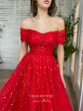 Prom Dress 2025 Red Sparkly Tulle Prom Dresses Off the Shoulder Formal Dresses 21404-unique elegant Prom Dresses-Red-US2-vigocouture