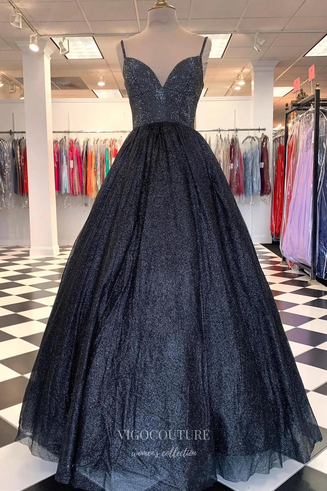 Prom Dress 2025 Red Sparkly Tulle Prom Dresses Spaghetti Strap V-Neck Formal Gown 21893-unique elegant Prom Dresses-Black-US2-vigocouture