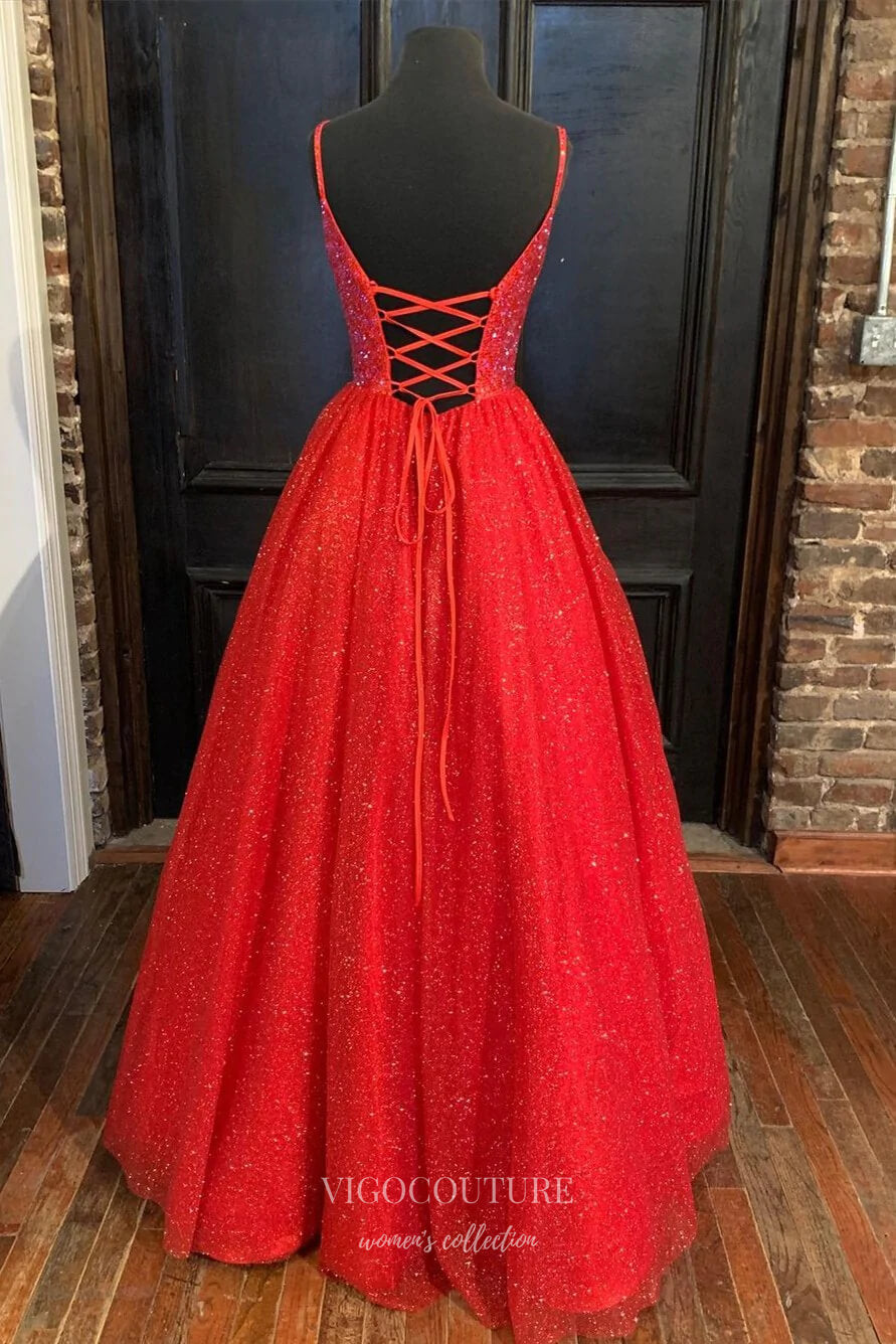 Prom Dress 2025 Red Sparkly Tulle Prom Dresses Spaghetti Strap V-Neck Formal Gown 21893-unique elegant Prom Dresses-Red-US2-vigocouture